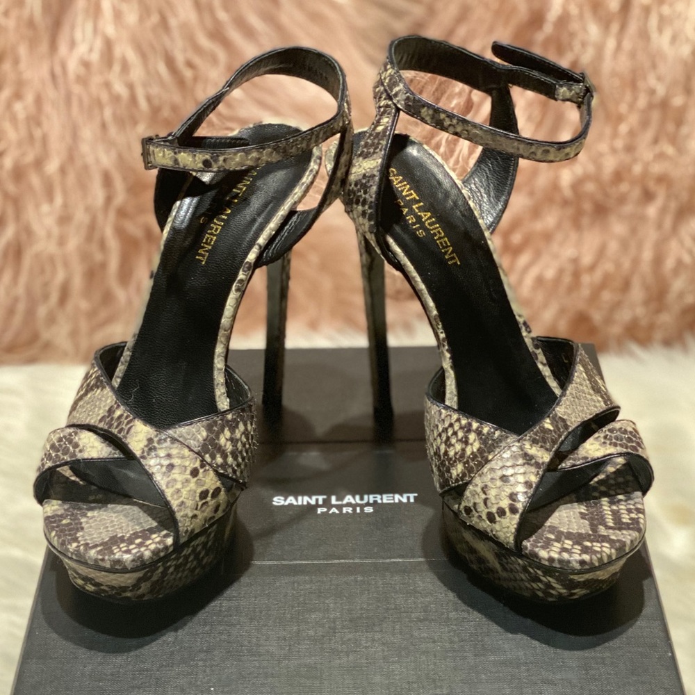 Saint Laurent Snakeskin Platform Ankle-Strap Heels in Beige and Black